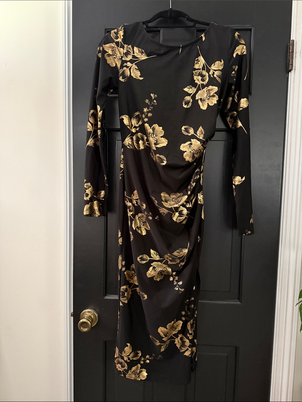 Soieblu Black Long Sleeve Dress with Gold Floral Motif